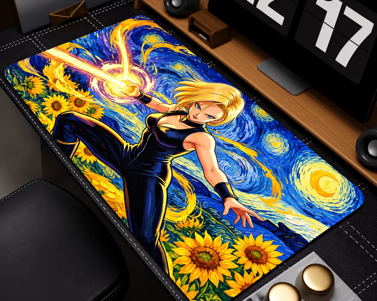 A large desk mat featuring an anime-style illustration of a blonde female character in a black bodysuit with a glowing yellow sword, set against a swirling blue and yellow sunflower background. The desk mat is styled on a dark desk with a monitor, speakers, and other office accessories.