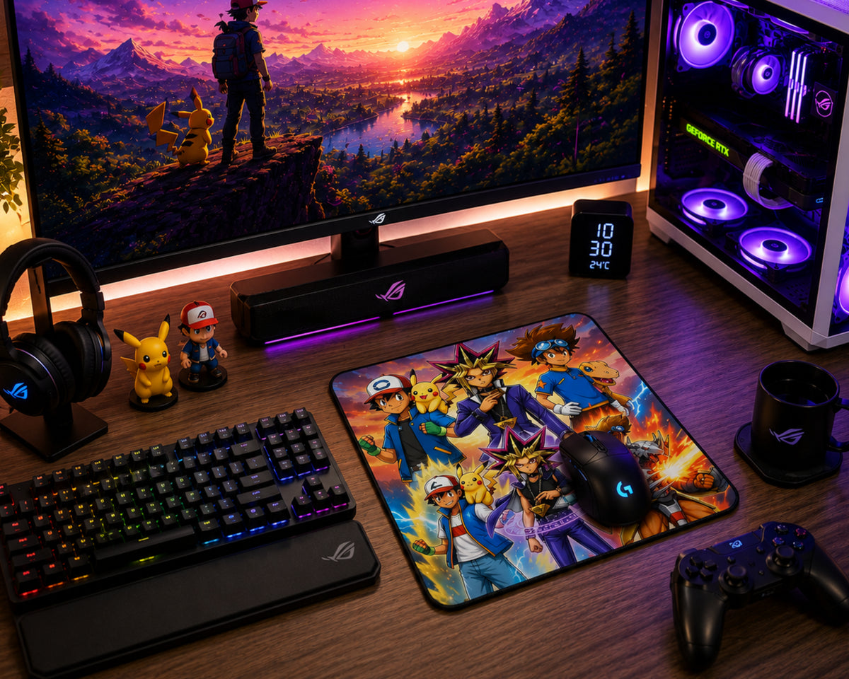 A gaming desk setup featuring a large anime-themed mousepad with characters from Naruto, a matching gaming mouse, a black ROG keyboard, a monitor showing a colorful sunset landscape, a PC tower with illuminated RGB fans, and other gaming accessories on a wooden desk.