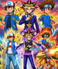 A colorful anime-style group illustration featuring characters from the Pokémon and Yu-Gi-Oh! series, including Ash Ketchum with Pikachu, Yugi Muto with his duel monsters, and other heroes, set against a dramatic fiery sky background.