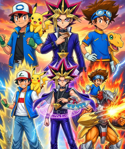 A colorful anime-style group illustration featuring characters from the Pokémon and Yu-Gi-Oh! series, including Ash Ketchum with Pikachu, Yugi Muto with his duel monsters, and other heroes, set against a dramatic fiery sky background.