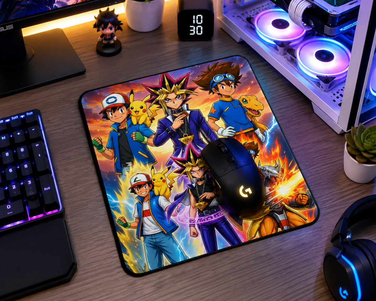 A large rectangular gaming mousepad with a colorful Yu-Gi-Oh! anime character print, shown on a wooden desk with a black gaming mouse resting on it. The desk setup includes a keyboard, monitor, PC tower with RGB lighting, and headphones.