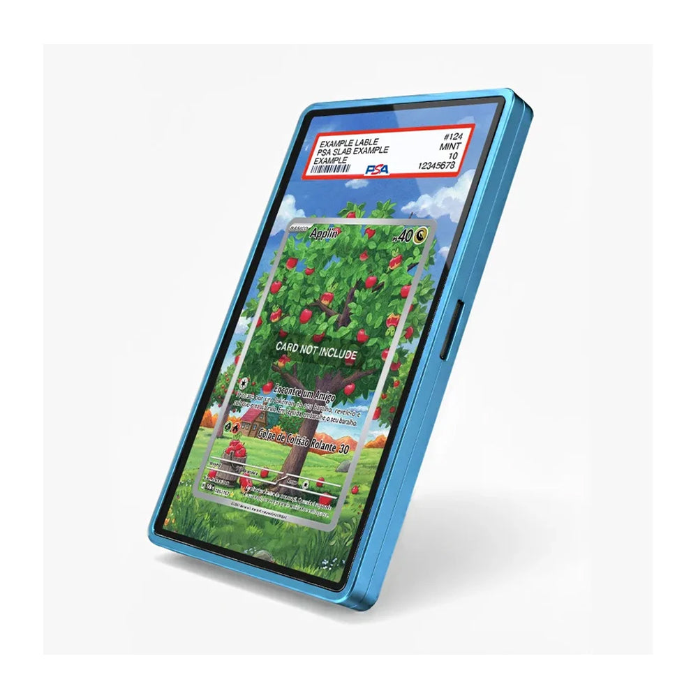 A blue protective phone case shown on a smartphone, with a sample Pokémon trading card displayed on the screen against a clean white background.