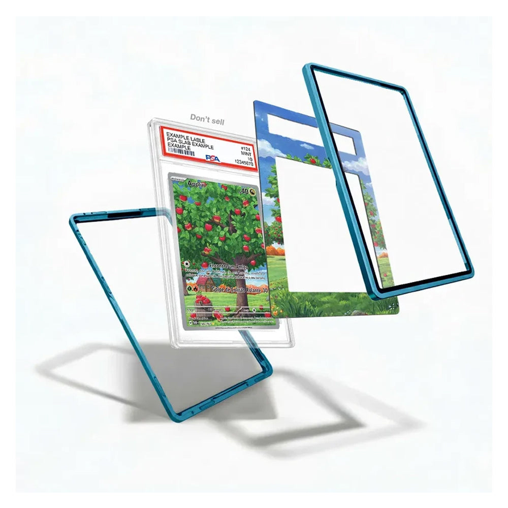 Three transparent phone case frames with bright blue edges are shown floating against a white background, with one case partially slid off a graded trading card that reads 'Don't sell.'.