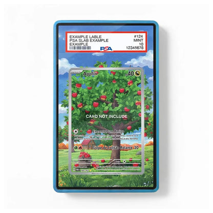 A PSA graded protective slab for a Pokémon trading card, showing a sample of a card with a holographic apple tree design and a blue border, on a white background.