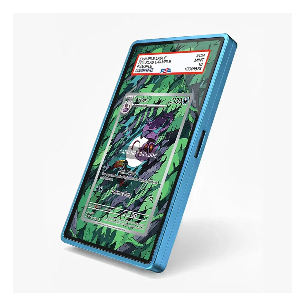 A blue protective screen protector for a tablet, shown applied to the screen of a tablet. The screen displays a green and black patterned wallpaper with a Pokémon card graphic.