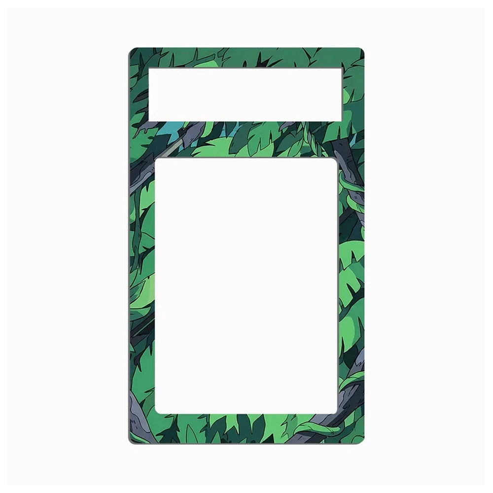 A rectangular decorative frame or plate with rounded corners, featuring a green tropical leaf pattern around the border and a large blank white center cutout, shown on a light gray background.