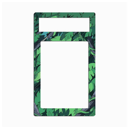 A rectangular decorative frame or plate with rounded corners, featuring a green tropical leaf pattern around the border and a large blank white center cutout, shown on a light gray background.