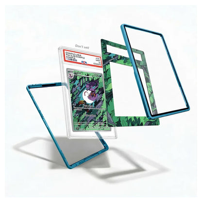 A clear protective case with a metallic teal blue frame, shown disassembled with a graded Pokémon TCG card inside and patterned green inner panels, on a clean white background.
