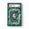 A collectible Pokémon card slab with a blue border and a green tropical leaf pattern, featuring a PSA grading label at the top and a sample Arbok card inside.