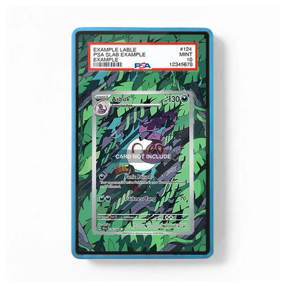 A collectible Pokémon card slab with a blue border and a green tropical leaf pattern, featuring a PSA grading label at the top and a sample Arbok card inside.