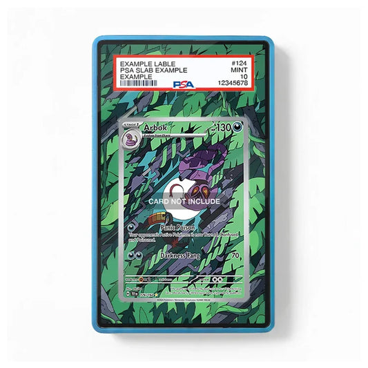 A collectible Pokémon card slab with a blue border and a green tropical leaf pattern, featuring a PSA grading label at the top and a sample Arbok card inside.