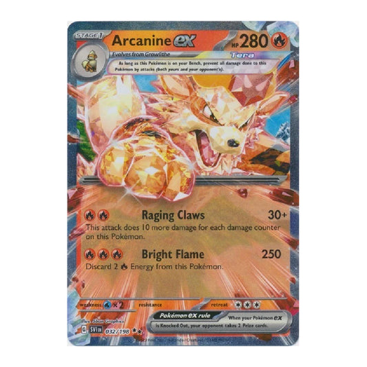 A single Pokémon trading card featuring Arcanine, shown against a plain white background. The card has a holographic silver border and displays detailed artwork of the fire-type Pokémon with attack text including 'Raging Claws' and 'Bright Flame'.