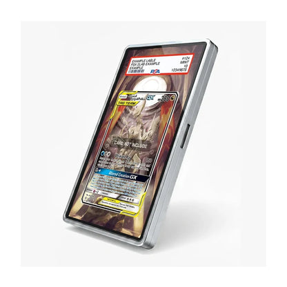 A silver-framed smart glass display screen showing a holographic Pokémon TCG card, photographed on a clean white background.