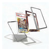 A clear acrylic card holder case with a custom printed insert, shown floating against a white background. The insert features a Pokémon card (Charizard) and is framed by three transparent acrylic panels with printed brown and gold borders.