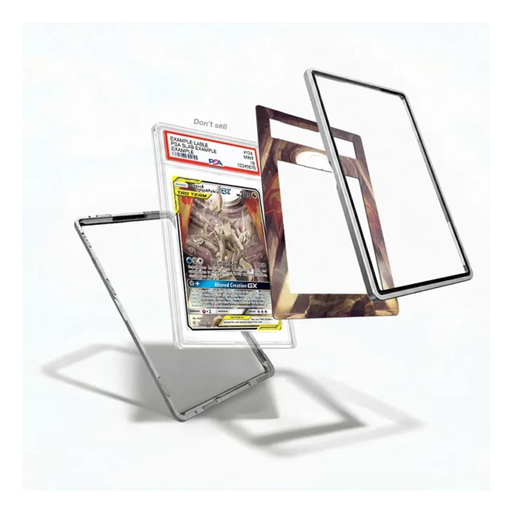A clear acrylic card holder case with a custom printed insert, shown floating against a white background. The insert features a Pokémon card (Charizard) and is framed by three transparent acrylic panels with printed brown and gold borders.
