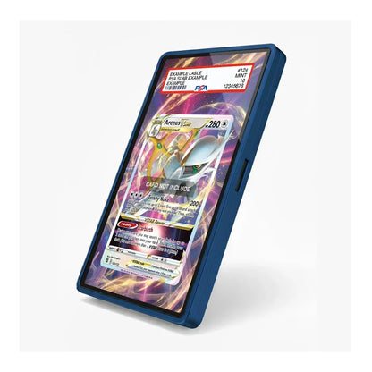 A blue protective screen protector for a tablet, shown applied to the screen of a tablet. The screen displays a green and black patterned wallpaper with a Pokémon card overlay.