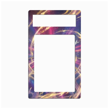 A rectangular decorative plate or cover with two cutouts, featuring a colorful cosmic galaxy design with swirling purple, blue, pink, and gold light trails on a white background.