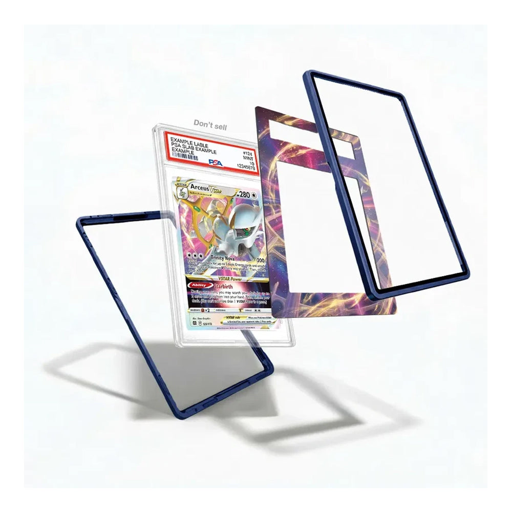 A clear protective card case with a dark blue frame, shown in multiple angles around a graded Pokémon TCG card on a white background.