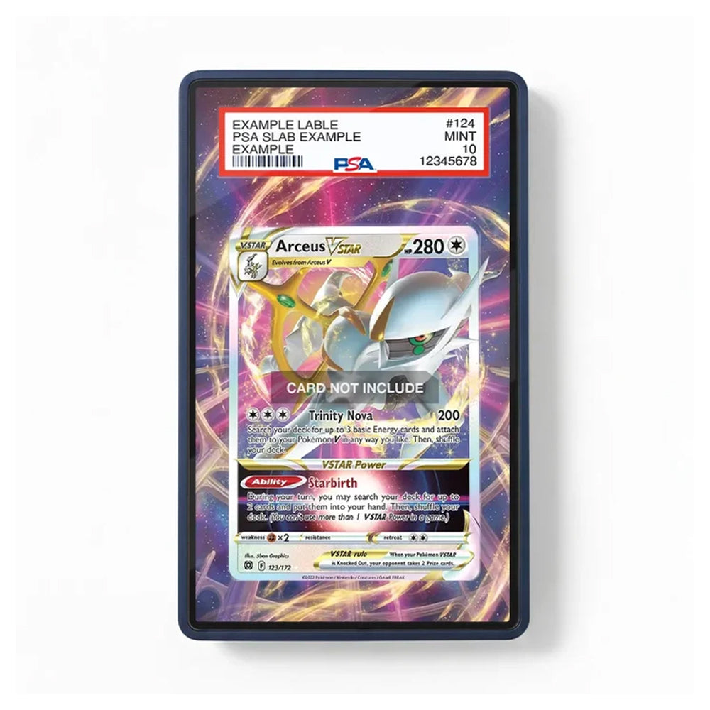 A framed or bordered display card showing a Pokémon trading card design with a PSA slab sample label at the top, photographed against a plain white background.