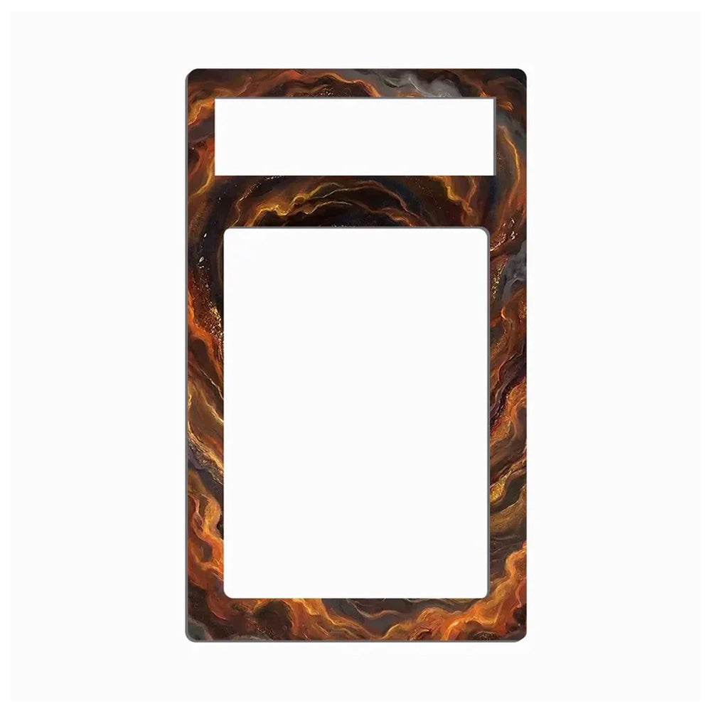 A rectangular decorative plate or frame with a marbled tortoiseshell pattern in brown, orange, and black, featuring a top cutout and a large central cutout, shown on a plain white background.