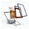A protective display card holder set shown on a white background, featuring a clear sleeve holding a collectible card, a dark blue frame, a brown and orange flame-patterned frame, and an empty dark blue frame.
