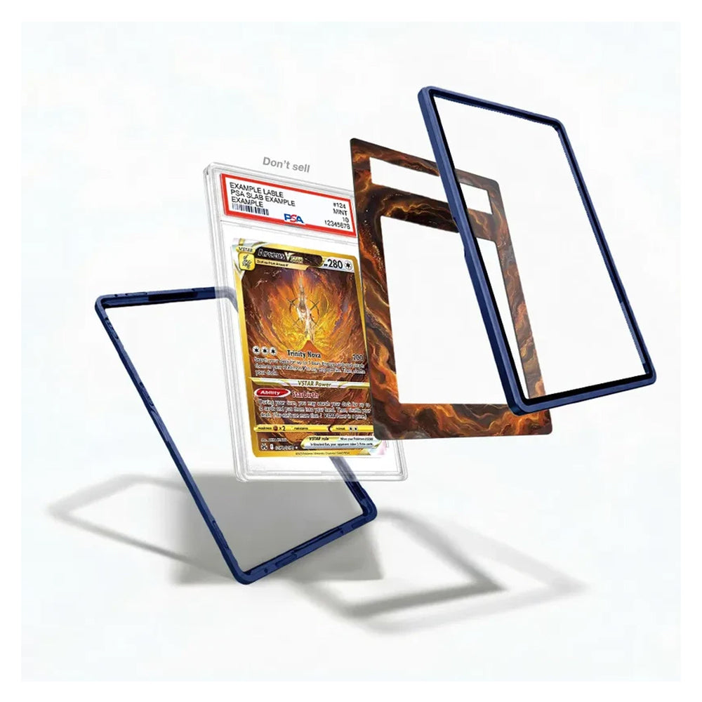 A protective display card holder set shown on a white background, featuring a clear sleeve holding a collectible card, a dark blue frame, a brown and orange flame-patterned frame, and an empty dark blue frame.