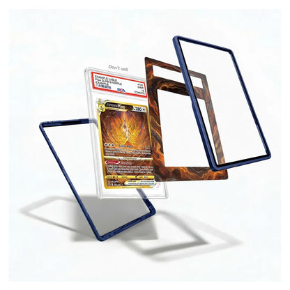 A protective display card holder set shown on a white background, featuring a clear sleeve holding a collectible card, a dark blue frame, a brown and orange flame-patterned frame, and an empty dark blue frame.