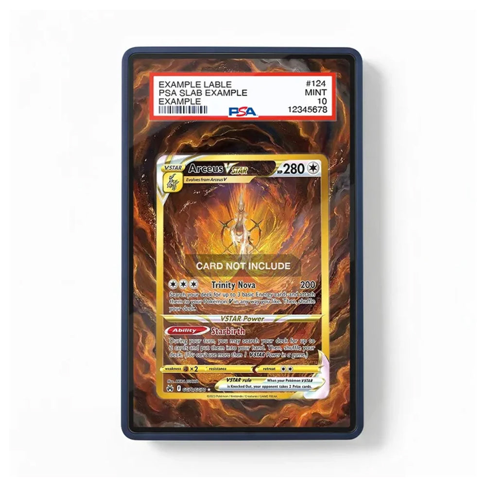 A PSA graded sample card slab showing an Arceus Vesper trading card design, with a red PSA slab label at the top and a dark blue border around the sample slab.