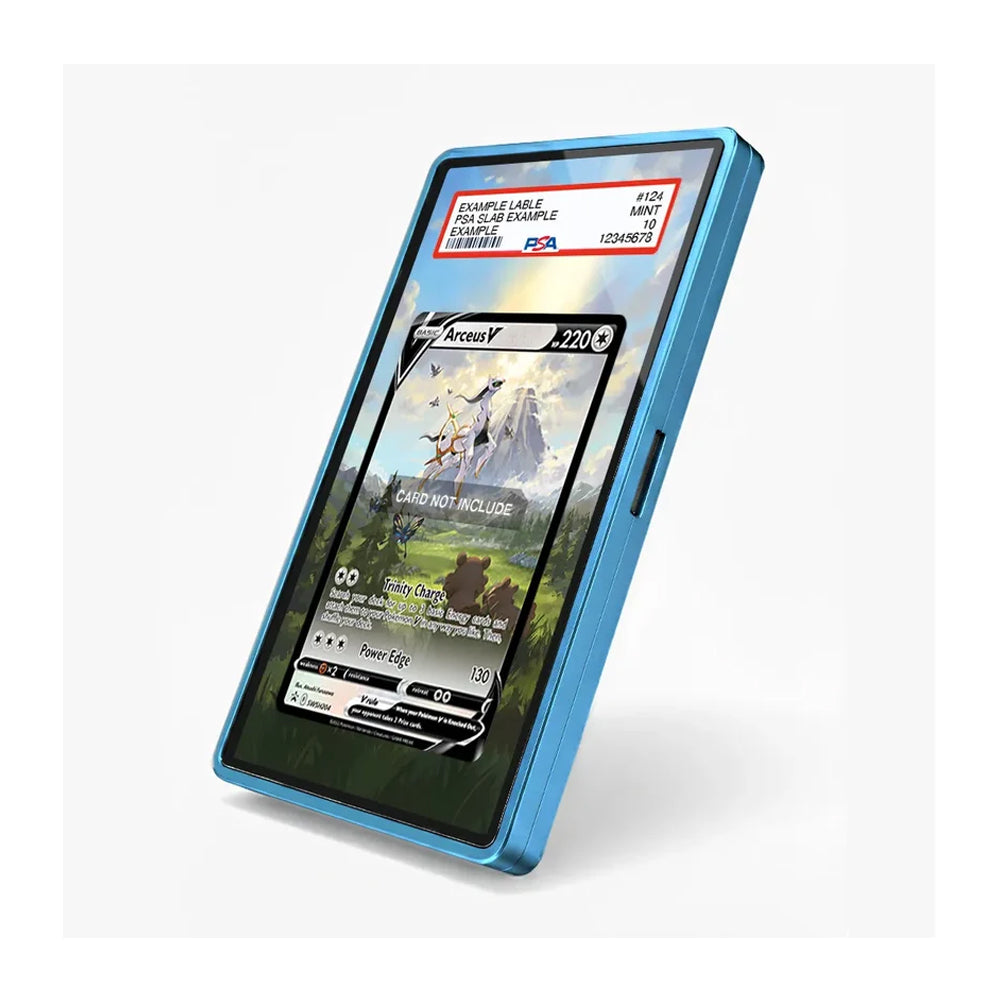 A blue protective screen protector for a tablet, shown applied to the screen of a tablet. The screen displays a green and black patterned wallpaper with a Pokémon card overlay.
