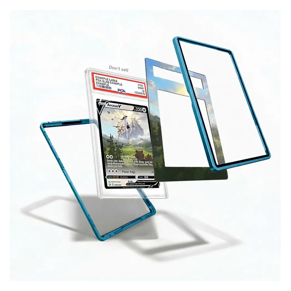 A clear acrylic card protector case with a vibrant blue bumper frame, shown in an exploded view with a graded PSA-graded Pokémon TCG card inside, on a clean white background.