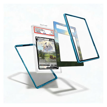 A clear acrylic card protector case with a vibrant blue bumper frame, shown in an exploded view with a graded PSA-graded Pokémon TCG card inside, on a clean white background.