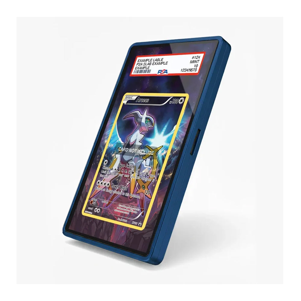 A blue protective screen protector for a tablet, shown applied to the screen of a tablet. The screen displays a green and black patterned wallpaper with a Pokémon card overlay.