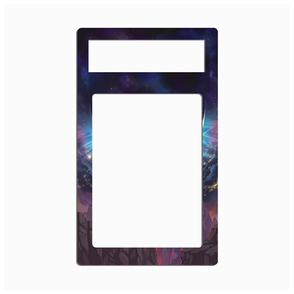 A rectangular decorative plate or frame insert with a colorful galaxy and nebula print, featuring a smaller horizontal slot at the top and a large vertical slot in the center, shown on a plain white background.