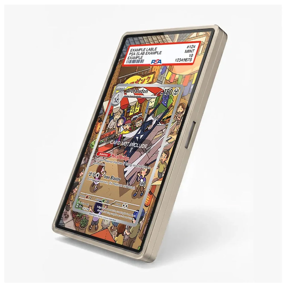 A smartphone in a light beige protective case, displaying a colorful cartoon-style screen mockup with a sample cable overlay and text, shown on a clean white background.