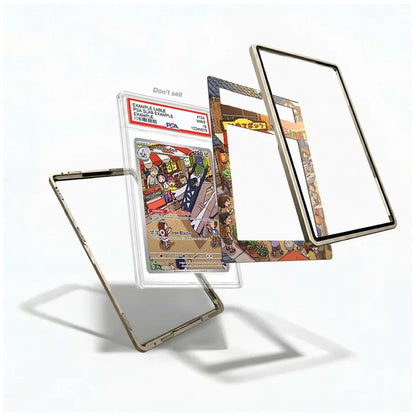 A set of custom anime trading card sleeves and frames shown floating against a white background. The set includes a clear protective case holding a graded PSA card, a decorative inner card with colorful character art, and two metallic gold-toned outer frames.
