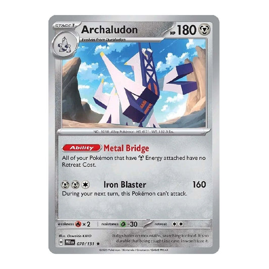 A single Pokémon trading card for Archaludon, shown flat against a plain white background. The card has a silver border, the character name and HP at the top, artwork of a blue-and-white robotic structure in the center, and game text below.