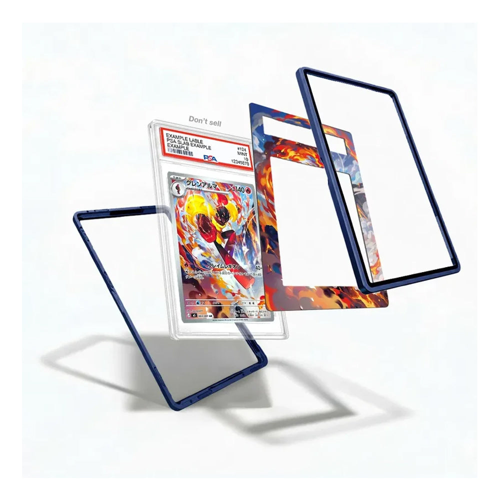 A clear acrylic display card frame set with dark blue borders, shown disassembled around a graded holographic Pokémon card on a clean white background.