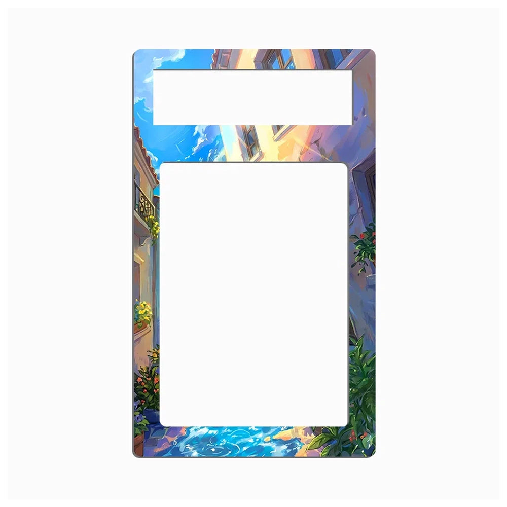 A rectangular light switch plate cover featuring a colorful scenic illustration of a Mediterranean street with blue sky, buildings, and water, shown on a plain white background.
