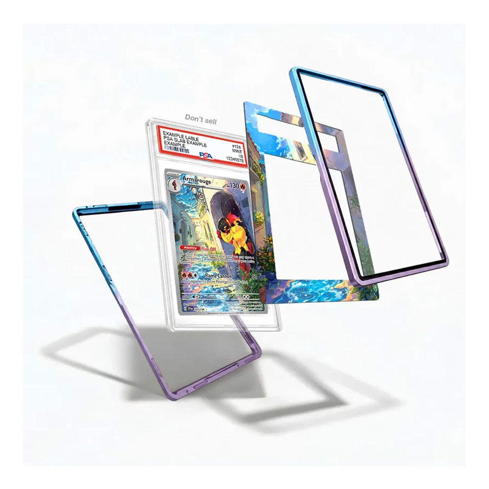 A set of transparent protective phone cases with colorful iridescent borders, shown floating around a graded Pokémon trading card on a clean white background.