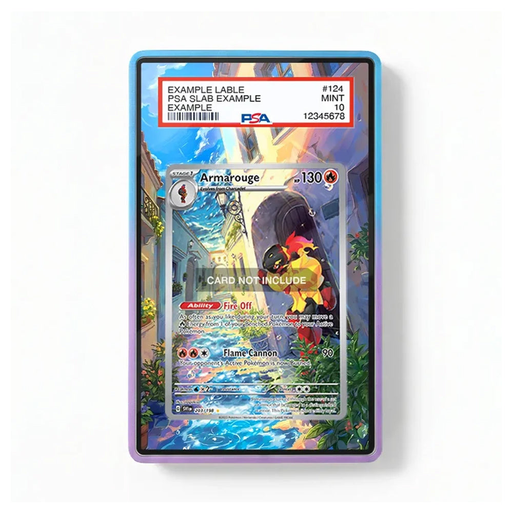 A PSA graded protective case containing a Pokémon TCG card, shown against a plain white background. The case has a blue-to-purple gradient border.