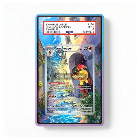 A PSA graded protective case containing a Pokémon TCG card, shown against a plain white background. The case has a blue-to-purple gradient border.