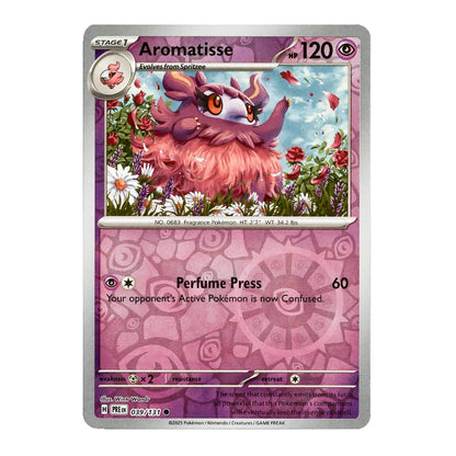 A Pokémon TCG trading card for Aromatisse, featuring a pink fluffy creature in a flower field on a purple patterned card face with a silver border.