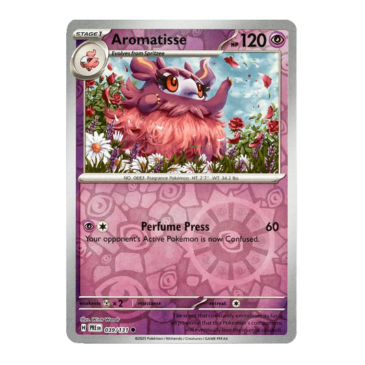 A Pokémon TCG trading card for Aromatisse, featuring a pink fluffy creature in a flower field on a purple patterned card face with a silver border.