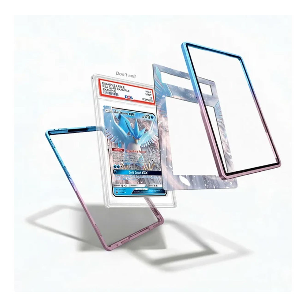 Three transparent phone case frames with iridescent blue, purple, and pink edges are shown floating around a graded Pokémon TCG card inside a clear protective case, on a clean white background.