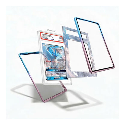 Three transparent phone case frames with iridescent blue, purple, and pink edges are shown floating around a graded Pokémon TCG card inside a clear protective case, on a clean white background.