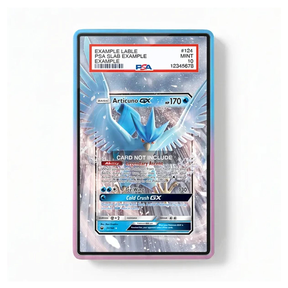 A PSA slabbed collectible card featuring Articuno GX, shown in a clear protective holder with a blue and pink border. The slab includes a red PSA label at the top, and the card artwork depicts a blue Articuno with icy wings against a snowy background.