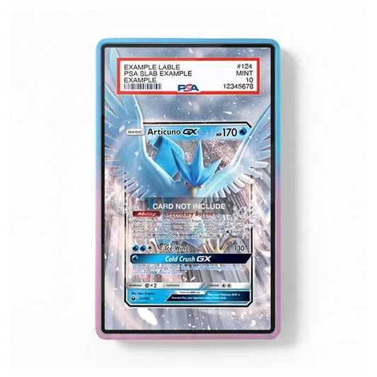 A PSA slabbed collectible card featuring Articuno GX, shown in a clear protective holder with a blue and pink border. The slab includes a red PSA label at the top, and the card artwork depicts a blue Articuno with icy wings against a snowy background.
