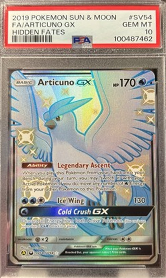 Pokémon trading card featuring Articuno GX with a PSA grading label on top.