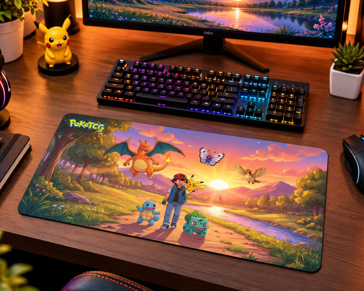 Ash standing with Pikachu, Squirtle, and Bulbasaur in a scenic countryside landscape while Charizard and other flying Pokemon appear in the sunset sky, with mountains and a flowing river in the background.