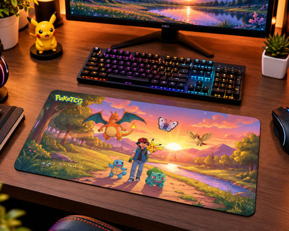 Ash standing with Pikachu, Squirtle, and Bulbasaur in a scenic countryside landscape while Charizard and other flying Pokemon appear in the sunset sky, with mountains and a flowing river in the background.